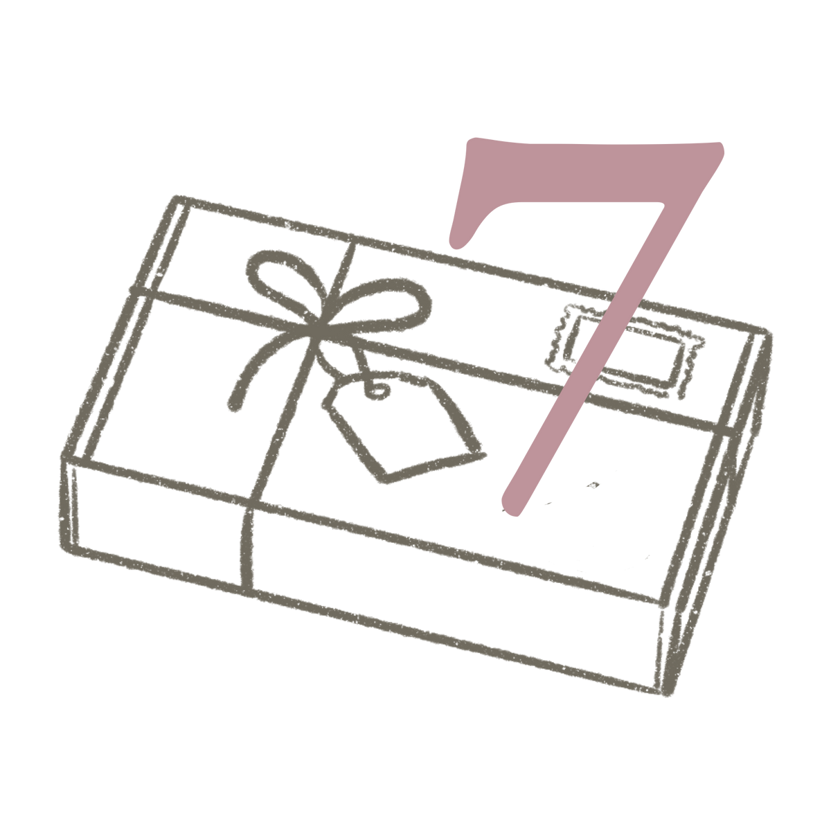 Illustratie van een cadeaubox met strik en labeltje en het cijfer 7, voor een box met zeven zelfgekozen cadeautjes