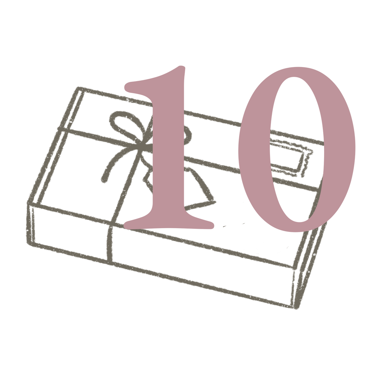 Illustratie van een cadeaubox met strik en labeltje en het cijfer 10, voor een box met tien zelfgekozen cadeautjes