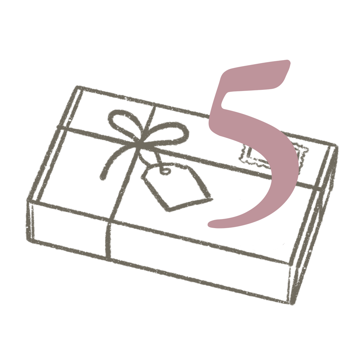 Illustratie van een cadeaubox met strik en labeltje en het cijfer 5, voor een box met vijf zelfgekozen cadeautjes